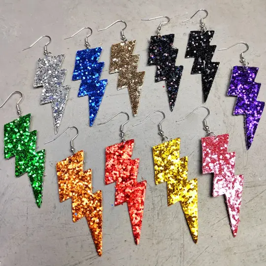 Colourful Party Glitter Leather Lightning Bolt (Glam Rock Fancy Dress Earrings) Flash