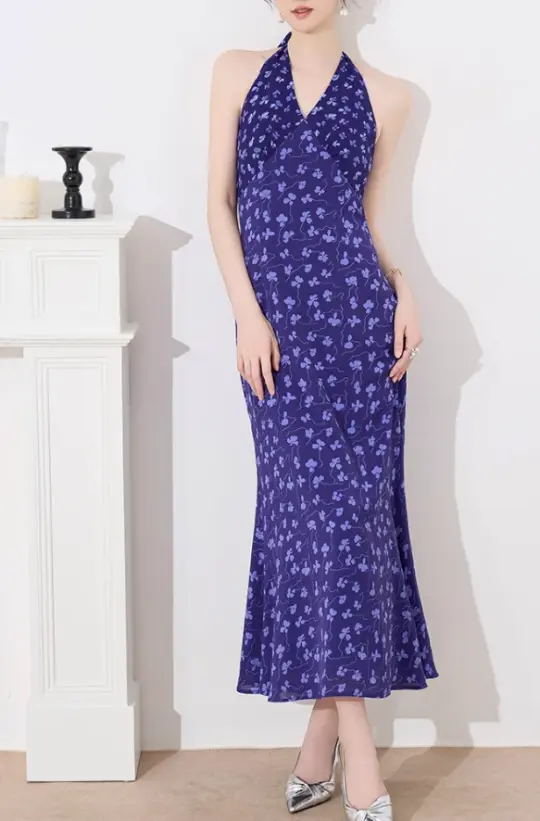 French halterneck dress for women summer design temperament waist slimming floral dress R4459