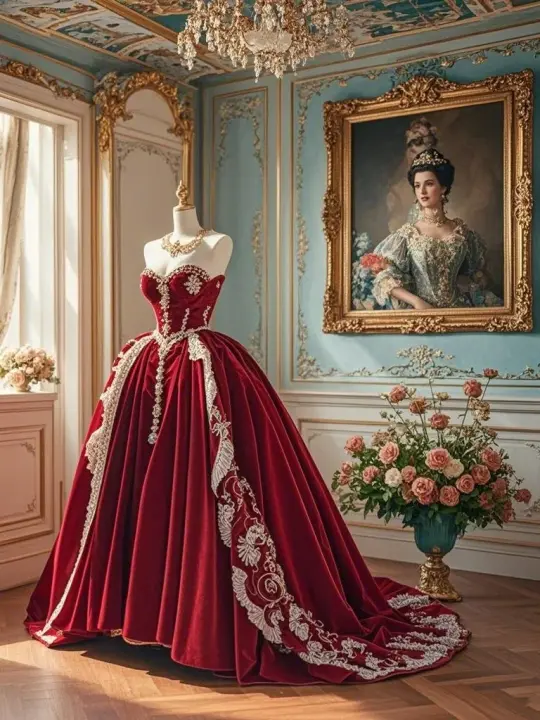 Red strapless waist-cinching ballgown long prom dress R7930