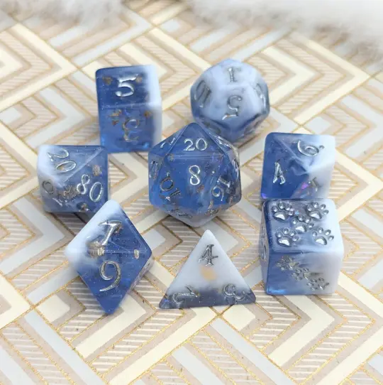 Snow Peak Dice Set – 8/12pc Clear Periwinkle White Marble Glitter Foil Paw Die