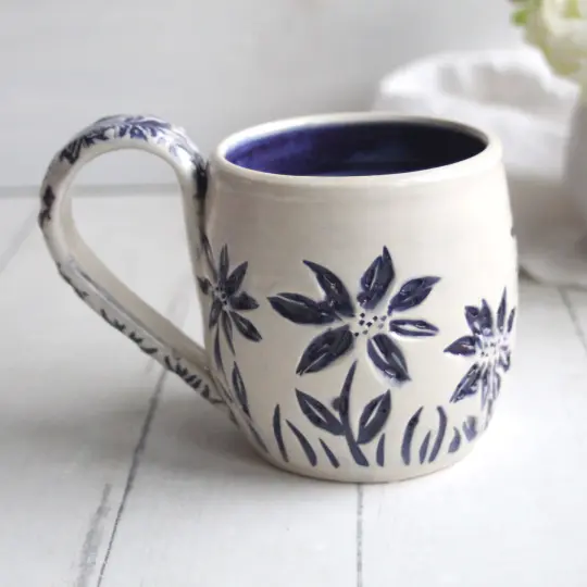 Hand-Carved Floral Ceramic Mug – Cottagecore Stoneware Coffee Cup, USA