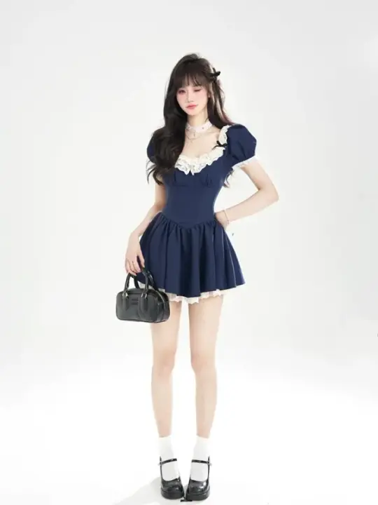 Navy blue puff sleeve waist slim short skirt homecoming dress R5262