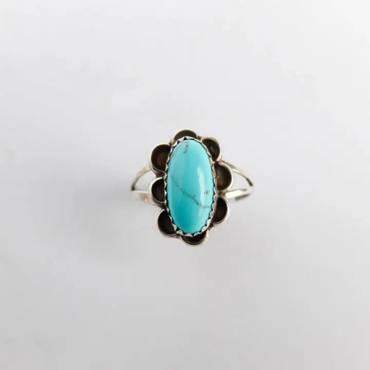 Turquoise Ring with Floral Setting Size 7.5