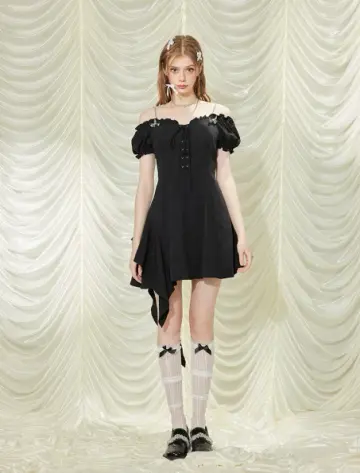 Edgy Black Mini Dress With Off-Shoulder Design, Lace-Up Front And Asymmetric Flounce Hem R9305