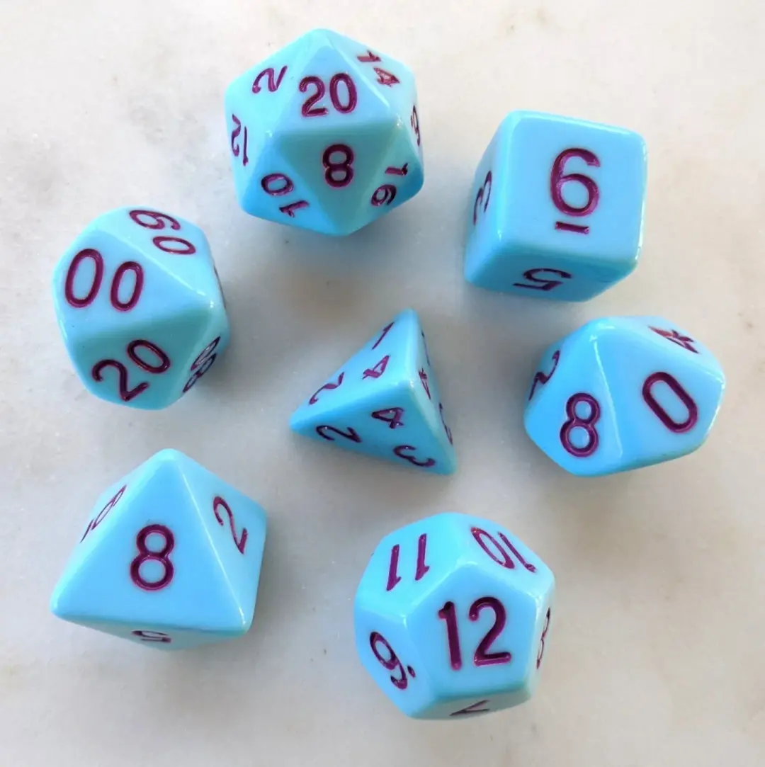 Blue Jay Dice Set – Opaque Light Blue with Purple Numbers