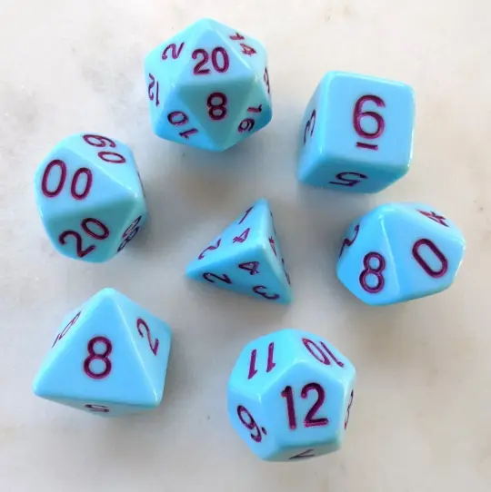 Blue Jay Dice Set – Opaque Light Blue with Purple Numbers
