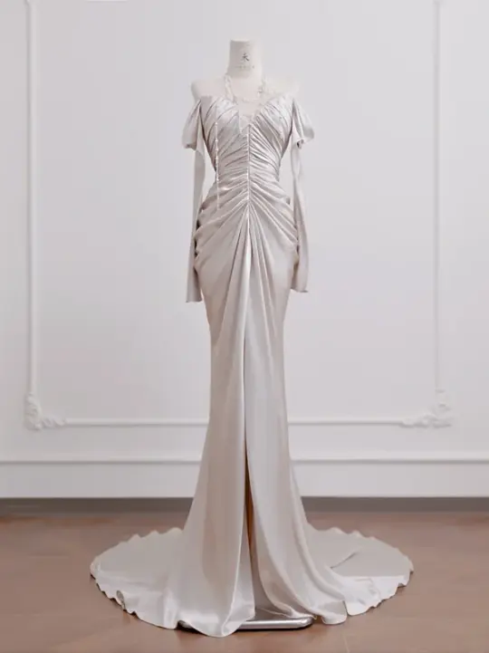 Light champagne-colored off-the-shoulder, fitted, long, sexy ball gown/bridal dress R8277