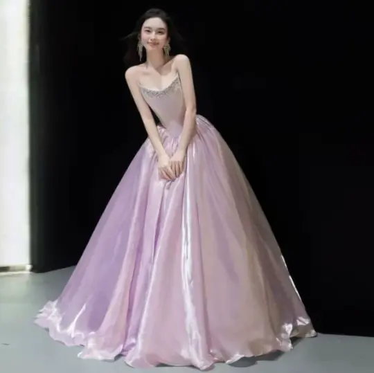 Silky Beaded Puffy Corset Prom Gown , Lavender Dreamy Women's Maxi Evening Dress Birthday Dress RS2519