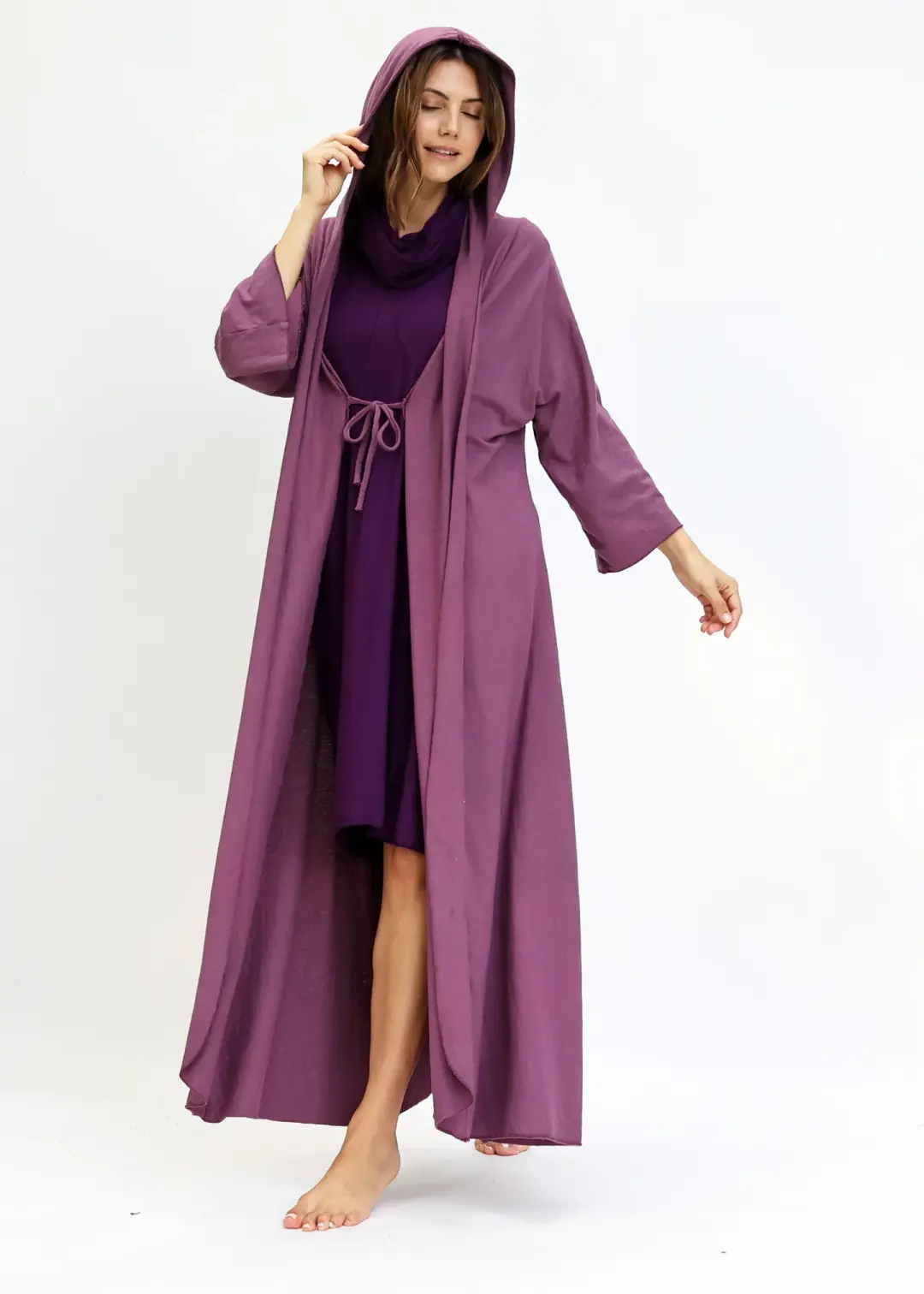 Hooded Kimono Tie Front Long Jacket