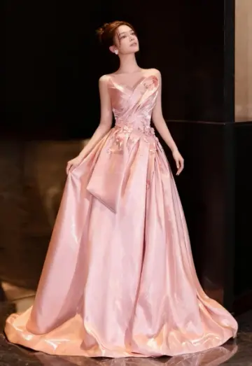 Hazy Satin Silky Prom Gown ,Gentle Pink Maxi Birthday Dress Ball Gown RS2027