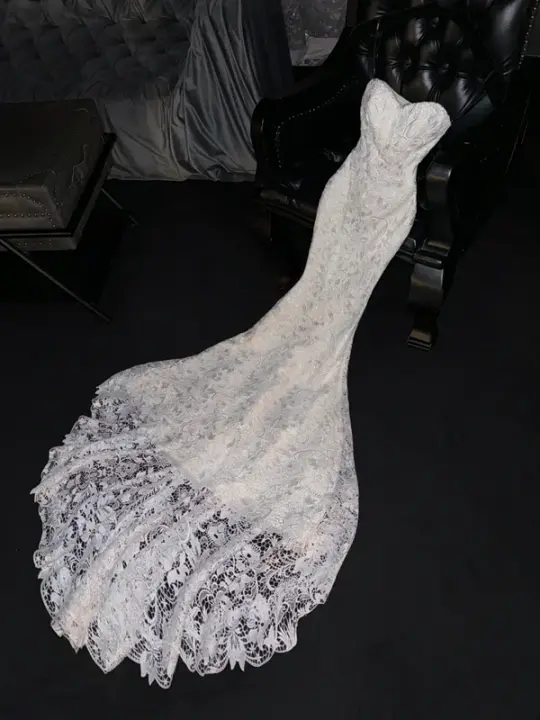 White strapless, fitted waist, bodycon skirt, sexy long ball gown, bridal dress R8782