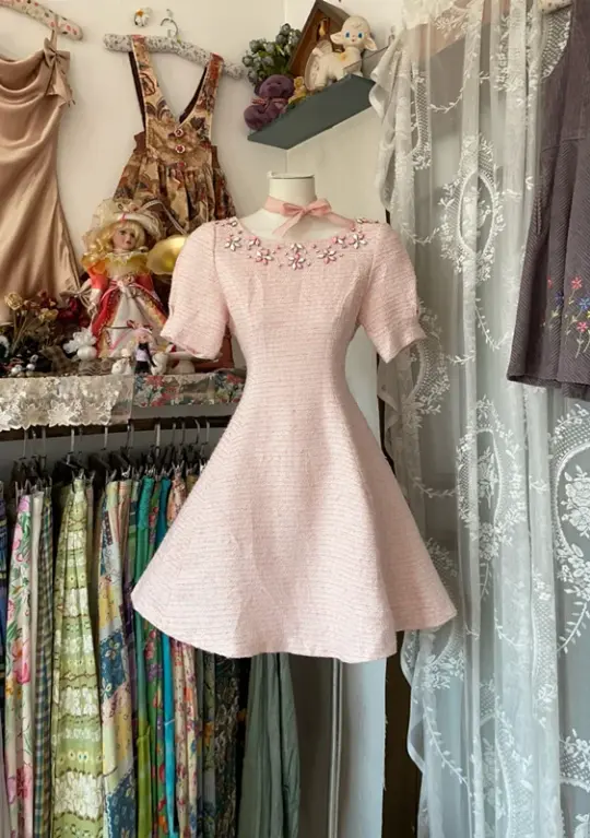 Pink short-sleeved fitted A-line mini skirt, prom dress R6334