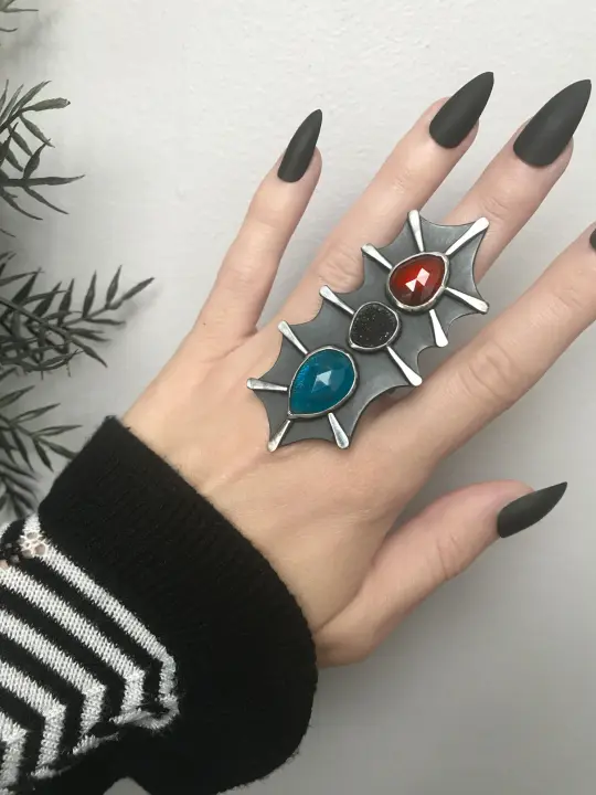 ON SALE - Hessonite Garnet, Blue Apatite, and Black Druzy Creature Ring