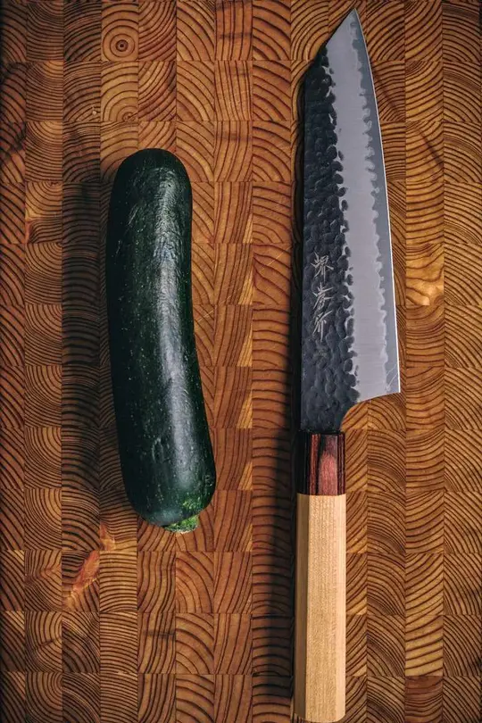 Sakai Takayuki 190mm Stainless Clad Aogami Super Steel Kurouchi Tsuchime 190mm Kengata with Zelkova Wa Handle