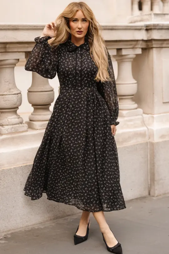 Sophia Long Sleeve Dress in Noir Ditsy Chiffon