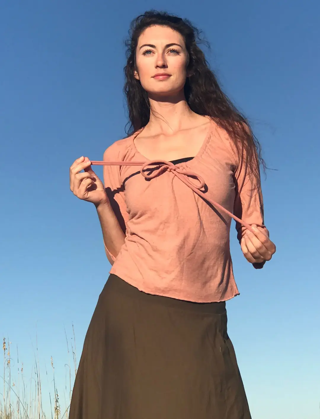 Drawstring Collar Simplicity Cropped Shirt