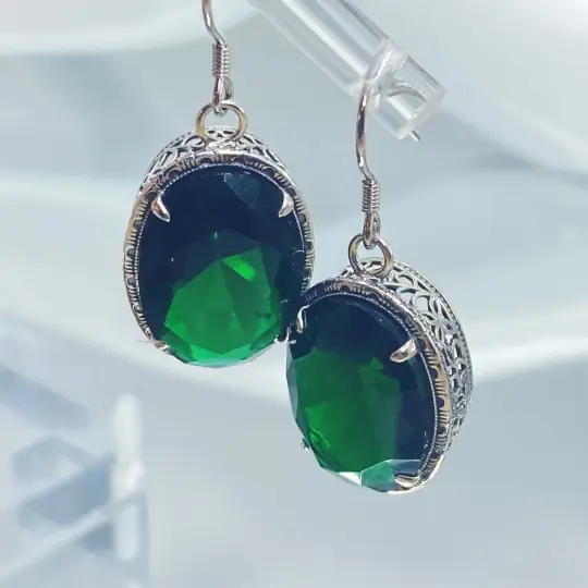 Emerald Earrings, Oval Gemstones, Victorian style Filigree, Persian Design E230