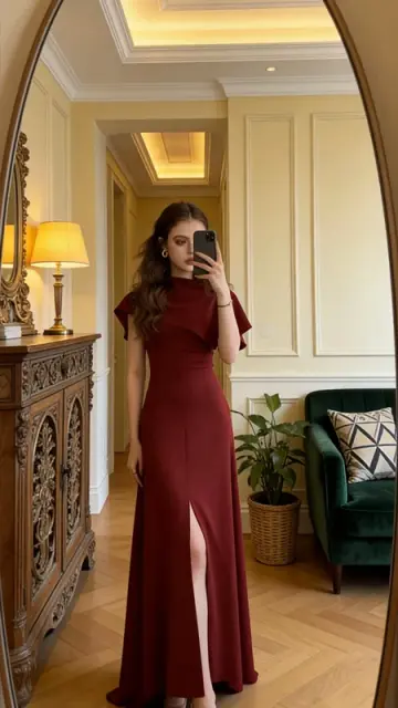 Burgundy shawl fitted waist sexy slit ball gown bridal dress R8585