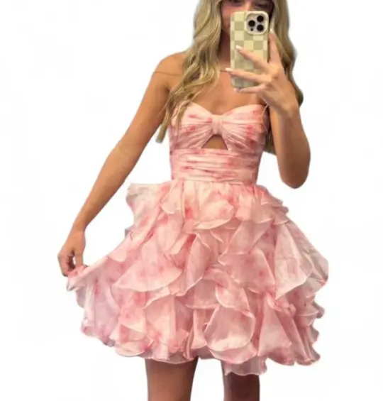 French Chic Pink Ruffled A-Line Strapless Bodycon Mini Party Dress Homecoming Dress RS375