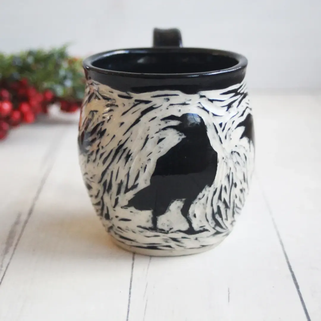 Black Crow Sgraffito Mug, Hand Carved Raven Coffee Cup, 14 oz Made in USA