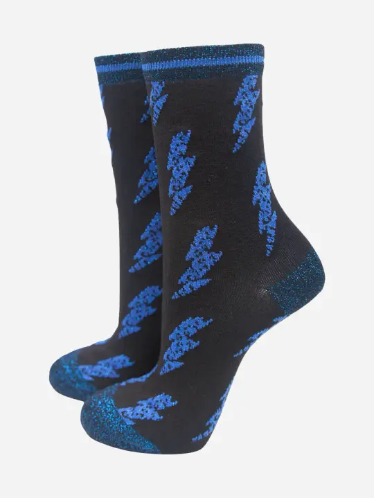 Lightning Bolt Women's Bamboo Socks - Black/Blue