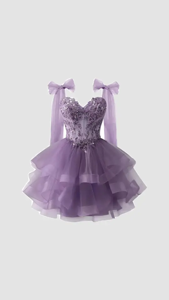 Ballet Style Lavender A-Line Bow Spaghetti Straps Applique Organza Skirt Bodycon Mini Dress Homecoming Dress RS171