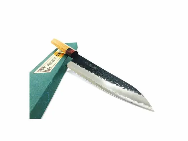 Sakai Takayuki Stainless Clad Aogami Super Kurouchi Tsuchime 210mm Gyuto with Japanese Zelkova and Mahogany Wa Handle