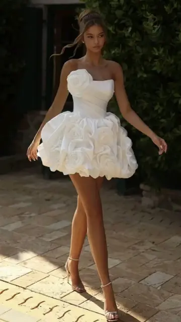 White Strapless 3D Floral Appliqué Fit‑and‑Flare Tulip Puff Mini Homecoming Dress R5444