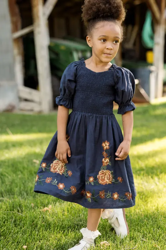 Mini Teagan Dress in Navy Embroidered Fall Floral