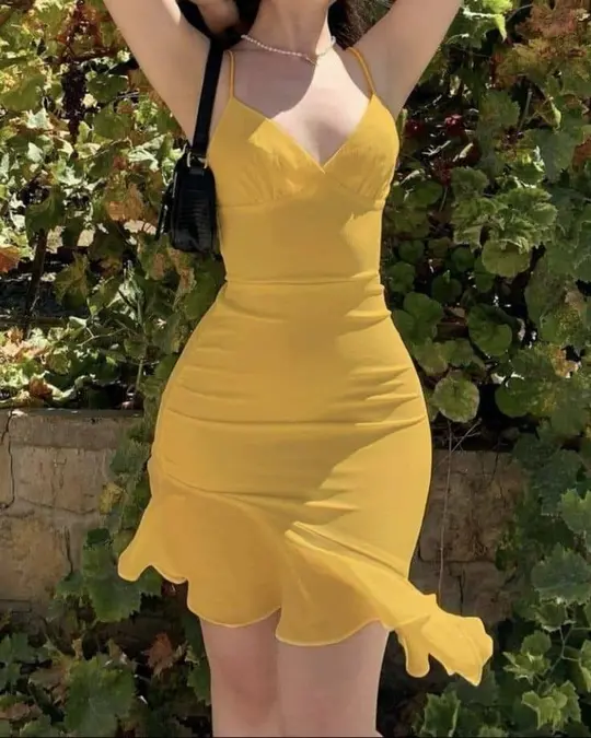 Retro yellow sexy suspenders waist hip skirt homecoming dress R3129