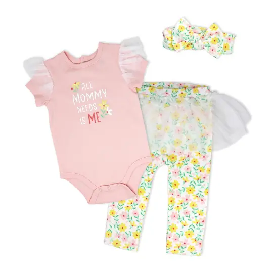 Baby Mode Baby Girls 3 Piece All Mommy Needs is Me Tulle Leggings Set, 6-9M