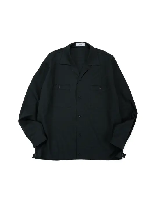 marka Double Pocket Open Collar Shirt 2/72 Wool Tropical Washer Chambray Black