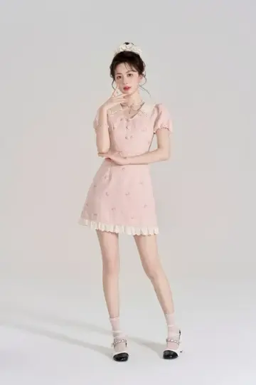 Feminine Pink Tweed Dress with Peter Pan Collar, Girly Puff Sleeve Embroidered Mini Dress for Women R9327
