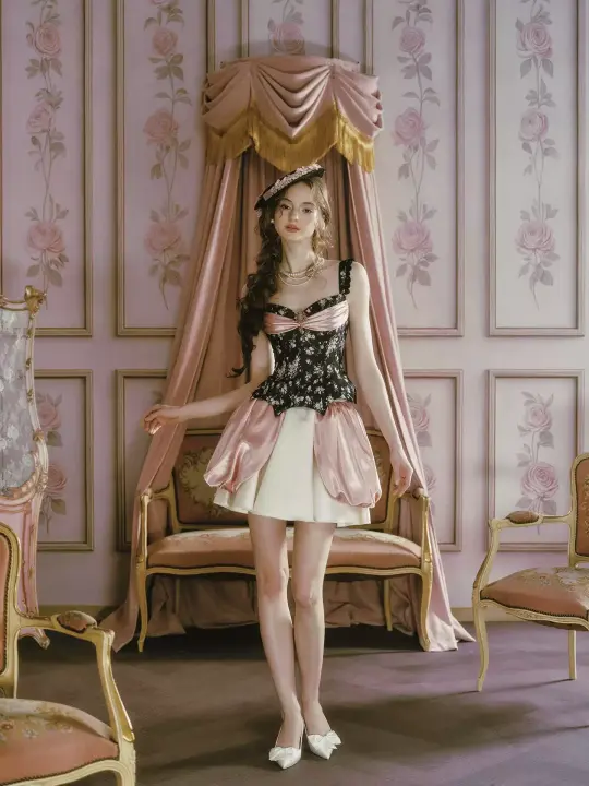 Rococo-Inspired Bustier Dress with Floral Print & Bubble Skirt R9203