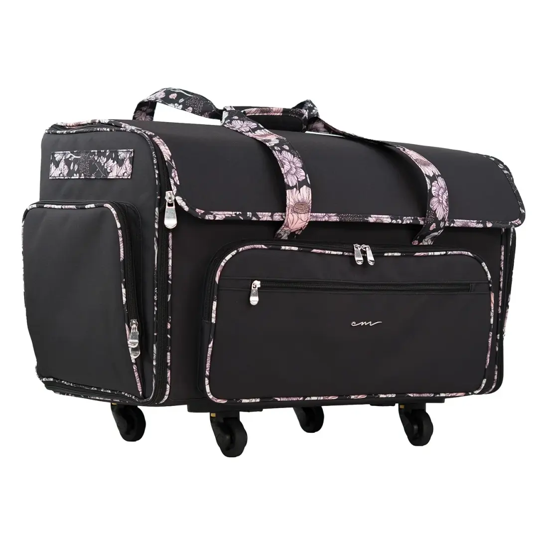 XXL Rolling Sewing Machine Tote Black and Floral Trim