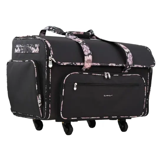 XXL Rolling Sewing Machine Tote Black and Floral Trim