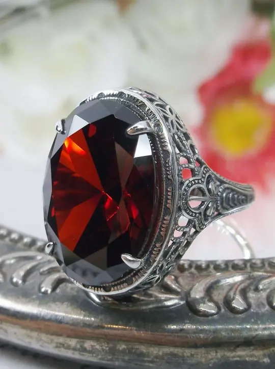 Red Garnet Persian Ring, Natural or CZ, Art Deco Vintage Revival Jewelry #D230