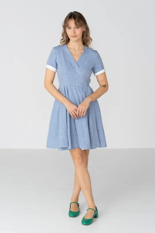 Wrap - Mini Linen Denim Dress with Short Sleeves