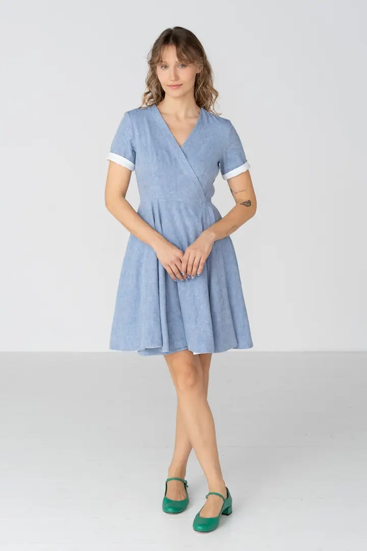Wrap - Mini Linen Denim Dress with Short Sleeves