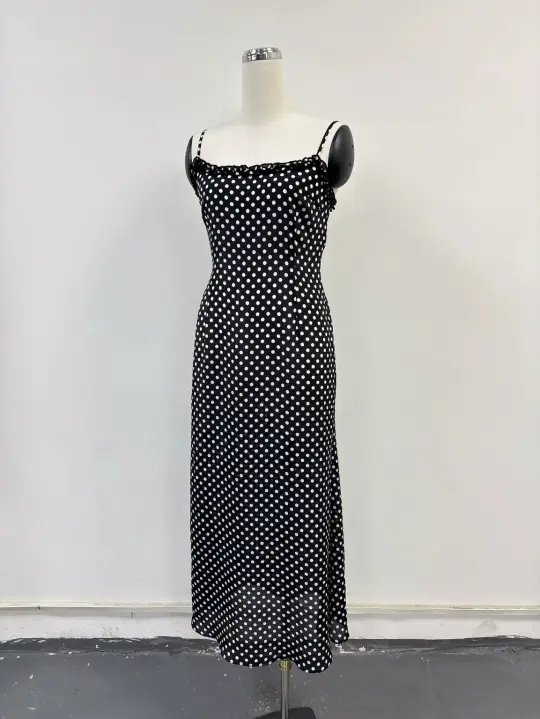 SAMPLE #333 - S Silk Polka Dot Maxi Dress - Black / White