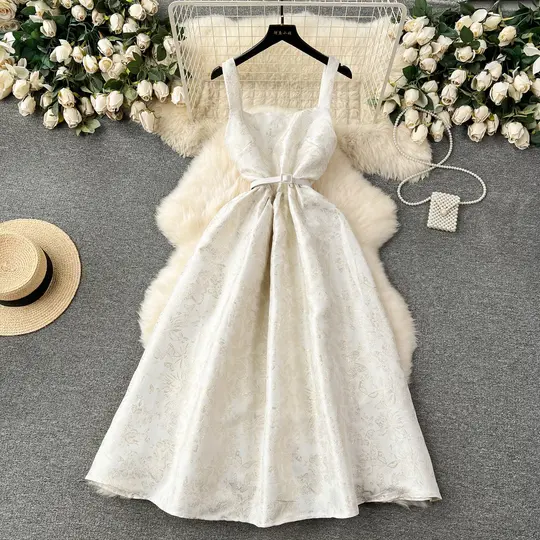 High-end dress palace style French retro jacquard big swing skirt temperament waist vest dress R2290