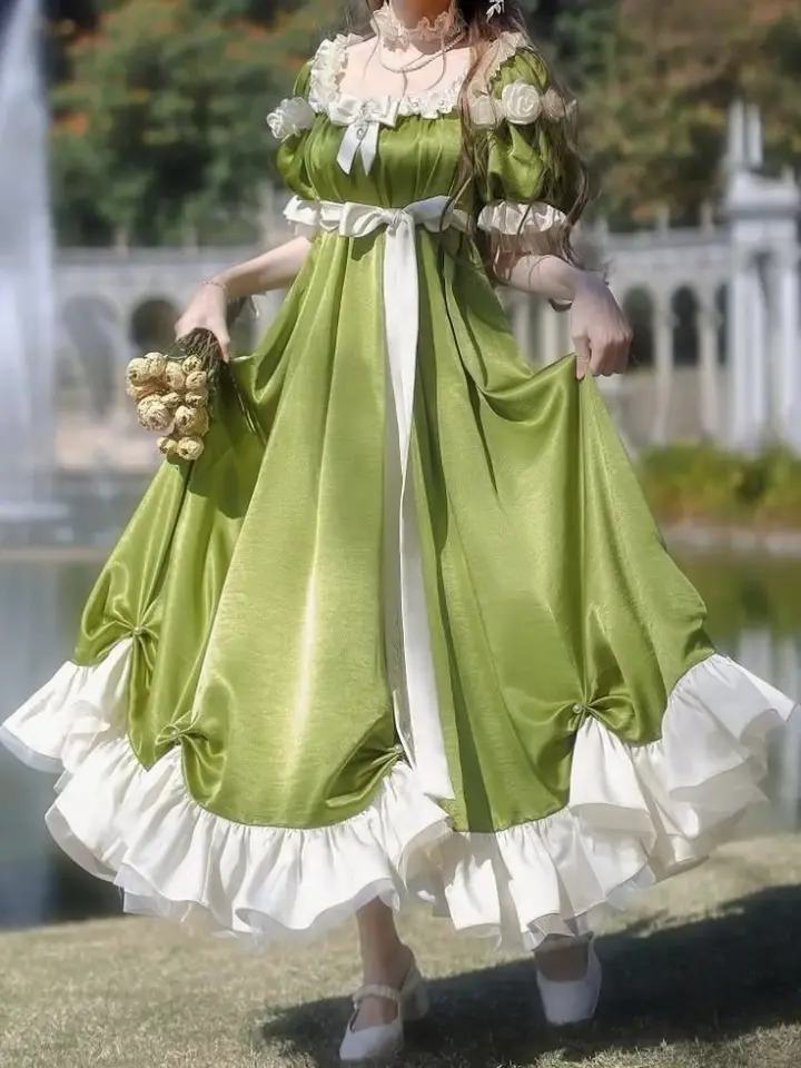 Fresh Silky Puff Sleeves Women's Prom Gown Bud Green Waist Fitted Maxi Evening Dress Birthday Dress — Fall Outfit 2026 New  RS3304