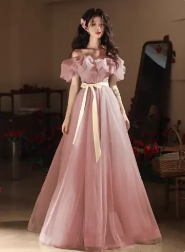 Sweet Blush Pink A-Line Ruffled-Strapless Maxi Evening Dress Prom Dress RS356