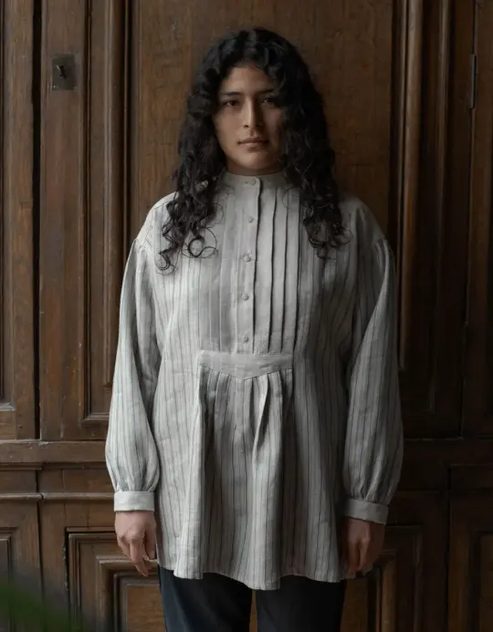 Réplique de chemise de meunier 'René' en lin rayé