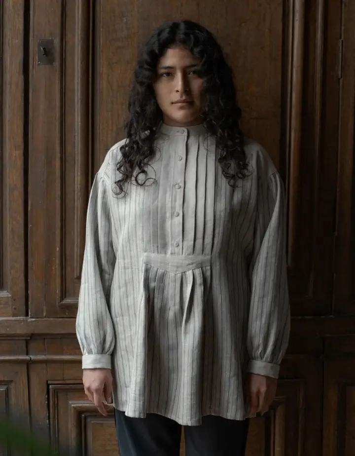 Réplique de chemise de meunier 'René' en lin rayé