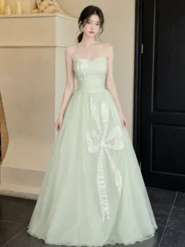 Tulle Puffy Gentle Corset Prom Gown , Green Women's Maxi Evening Dress Ball Gown RS2659