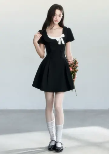 Black Hepburn Style Mini Dress Women With Square Neck And White Bow Detail R9408