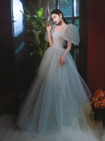 Tulle Glitter Puffy Corset Prom Gown ,Dreamy Pale Blue Maxi Evening Dress Celebrity Dress RS1996