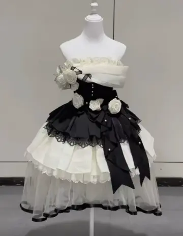 Elegant Black and White Homecoming Dress ,A-Line Strapless Applique Tiered Corset Short Prom Dress RS874