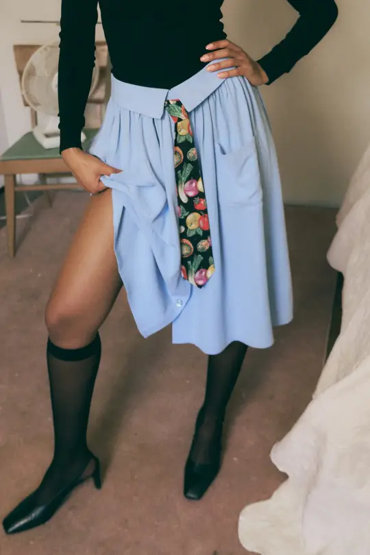Business Casual Tie Skirt Linen Blue